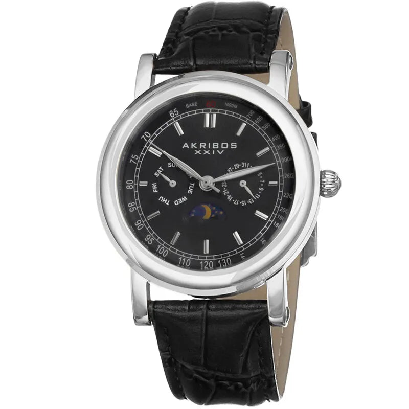 Akribos Black Dial Stainless Steel Black Leather Men's Watch AK632SSB