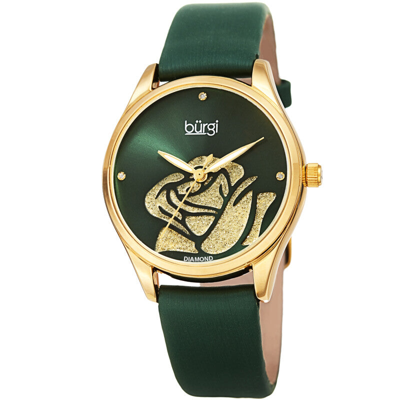 Burgi Diamond Accented Flower Quartz Green Dial Ladies Timepiece - BUR189GN