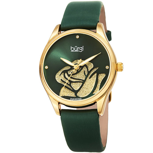 Burgi Diamond Accented Flower Quartz Green Dial Ladies Timepiece - BUR189GN