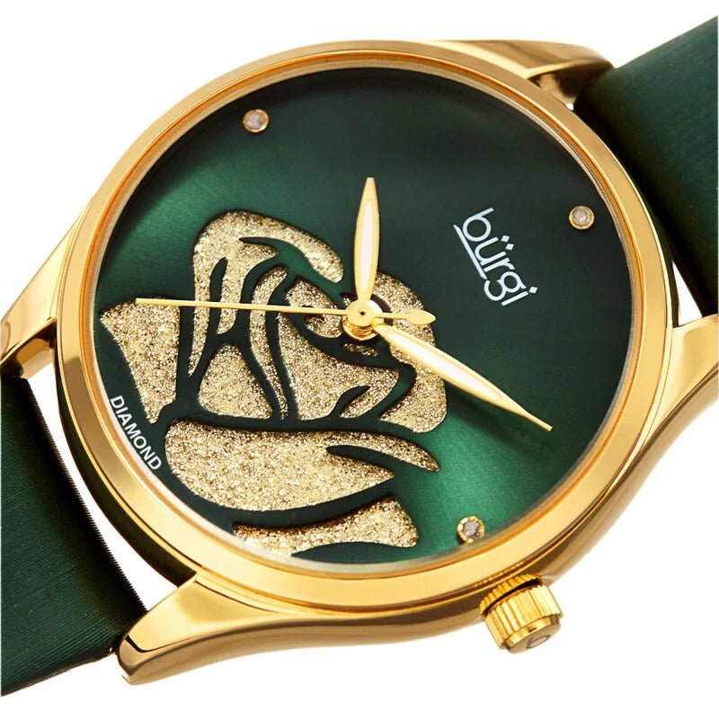 Burgi Diamond Accented Flower Quartz Green Dial Ladies Timepiece - BUR189GN
