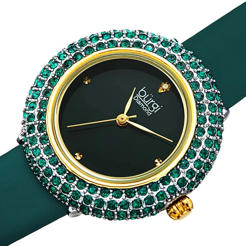Burgi Diamond Quartz Green Dial Ladies Timepiece - BUR227YGN