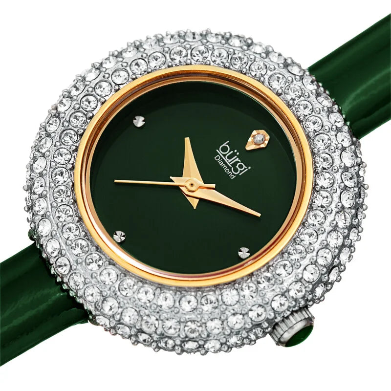 Burgi Crystal-Embellished Quartz Green Dial Ladies Timepiece - BUR195GN