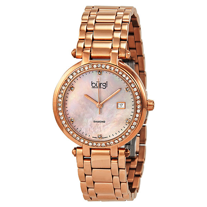 Burgi Signature Quartz Rose Gold-Tone Mother of Pearl Diamond Ladies Timepiece - BUR055RG