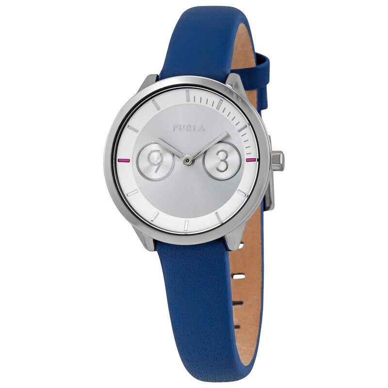 Furla Metropolis silver dial women's watch with blue calfskin leather strap