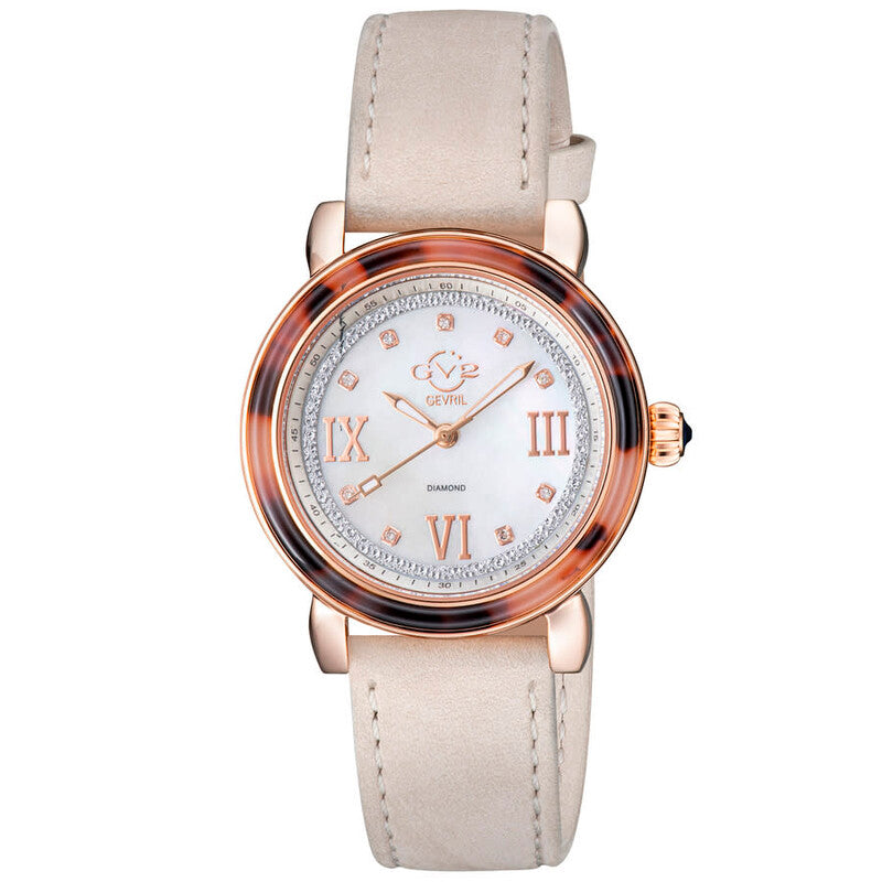 GV2 by Gevril Marsala Tortoise Diamond Mother of Pearl Dial Ladies Watch 9853