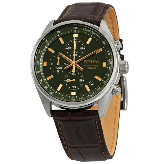 Seiko Chronograph SSB385 Green Dial Men's Leather Watch