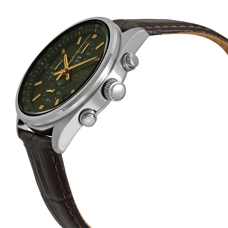 Seiko Chronograph SSB385 Green Dial Men's Leather Watch