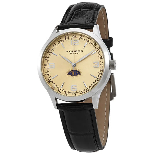 Akribos Herrenuhr mit champagnerfarbenem Zifferblatt und schwarzem Lederarmband AK637SSW